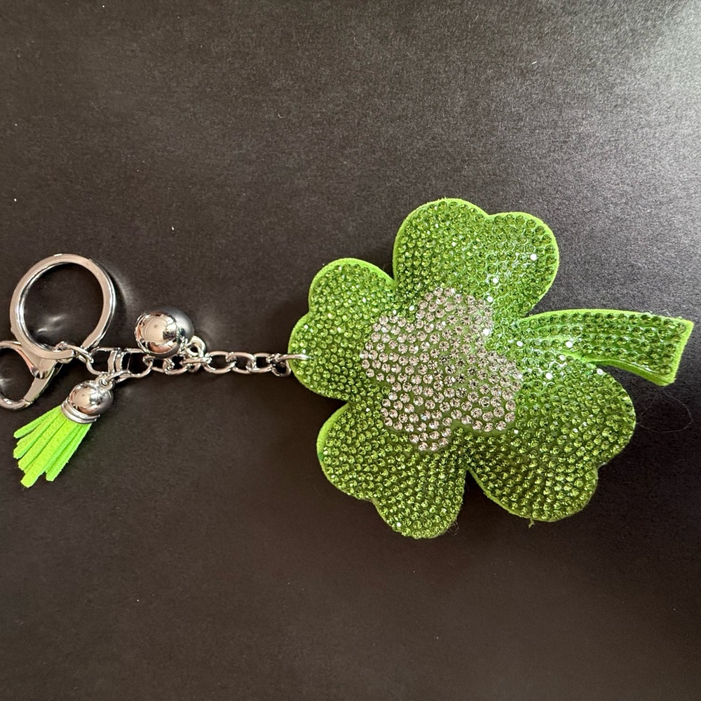 Bling Jewelry Neon Green and Silver Rhinestone Four-Leaf Clover Keychain